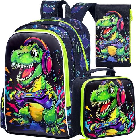 KLFVB 3PCS Boys Dinosaur Play Game Backpack Set, Water Resistant 16" Kids Preschool Bookbag with Lunch Box in Saudi Arabia