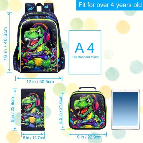 KLFVB 3PCS Boys Dinosaur Play Game Backpack Set, Water Resistant 16" Kids Preschool Bookbag with Lunch Box in Saudi Arabia