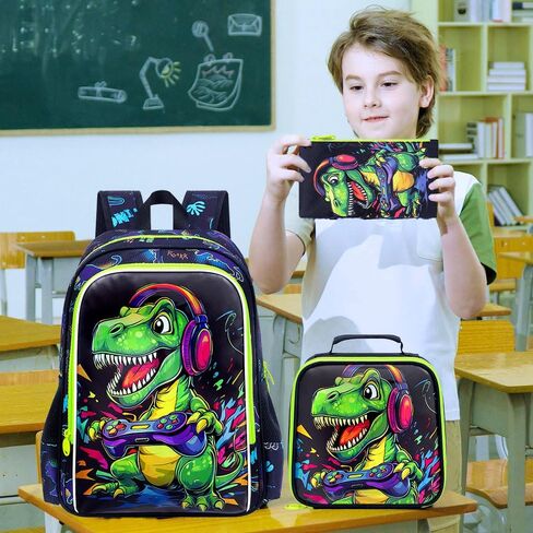 KLFVB 3PCS Boys Dinosaur Play Game Backpack Set, Water Resistant 16" Kids Preschool Bookbag with Lunch Box in Saudi Arabia