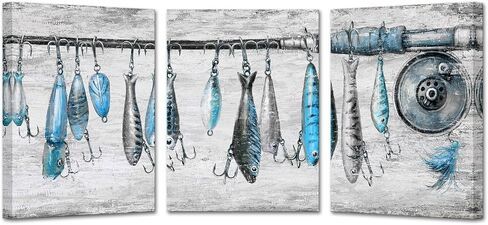 KREATIVE ARTS 3-Piece Vintage Fishing Rod Canvas Wall Art Set, Blue and Grey Nautical Decor, Rustic Fish and Hook Painting for Cabin, Coastal Freshwater Artwork, 12x16'' Each, Ready to Hang in Saudi Arabia