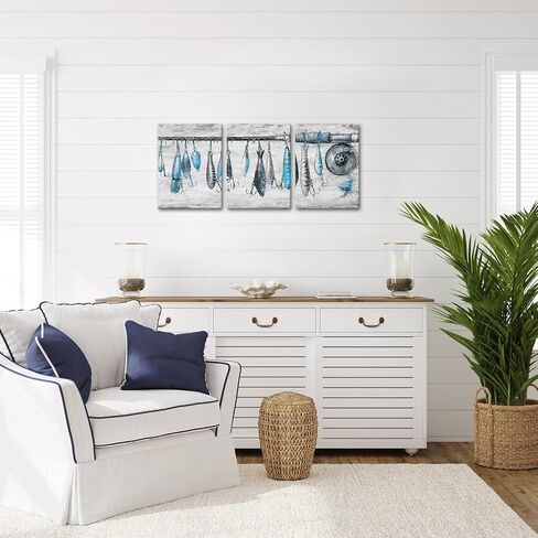 KREATIVE ARTS 3-Piece Vintage Fishing Rod Canvas Wall Art Set, Blue and Grey Nautical Decor, Rustic Fish and Hook Painting for Cabin, Coastal Freshwater Artwork, 12x16'' Each, Ready to Hang in Saudi Arabia
