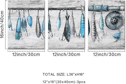 KREATIVE ARTS 3-Piece Vintage Fishing Rod Canvas Wall Art Set, Blue and Grey Nautical Decor, Rustic Fish and Hook Painting for Cabin, Coastal Freshwater Artwork, 12x16'' Each, Ready to Hang in Saudi Arabia