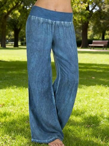 بنطال جينز كبير واسع الساق للنساء بخصر عالٍ وتنحيف عالي المرونة من قماش الدنيم غير الرسمي PANTS40 in Kuwait