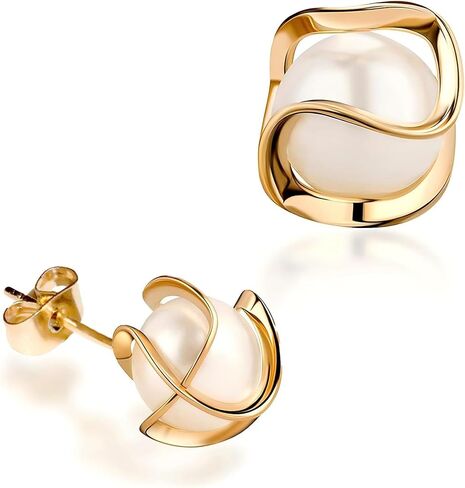 18K Gold Plated Twisted Caged Pearl Stud Earrings for Women | Hypoallergenic Nickel-Free Ear Studs Earring | Elegant Gift Set with Box in Saudi Arabia