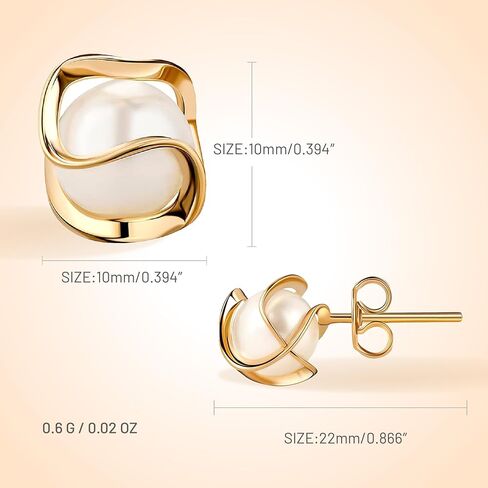 18K Gold Plated Twisted Caged Pearl Stud Earrings for Women | Hypoallergenic Nickel-Free Ear Studs Earring | Elegant Gift Set with Box in Saudi Arabia