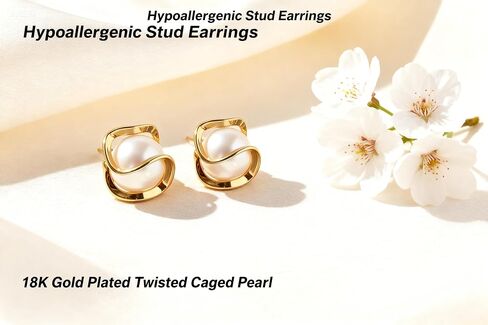 18K Gold Plated Twisted Caged Pearl Stud Earrings for Women | Hypoallergenic Nickel-Free Ear Studs Earring | Elegant Gift Set with Box in Saudi Arabia