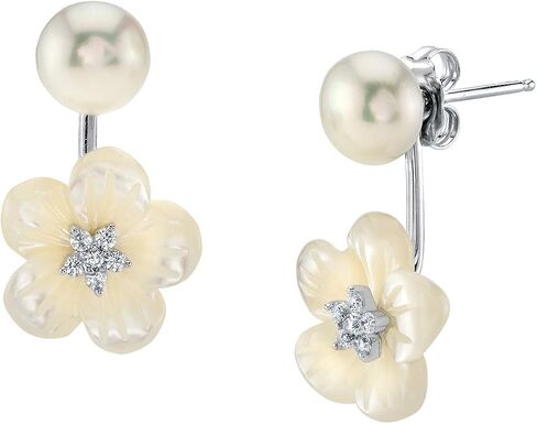 THE PEARL SOURCE 7-8mm White Freshwater Cultured Pearl Stud Earrings for Women with Removable Mother of Pearl & Cubic Zirconia Orchid Flower in Kuwait