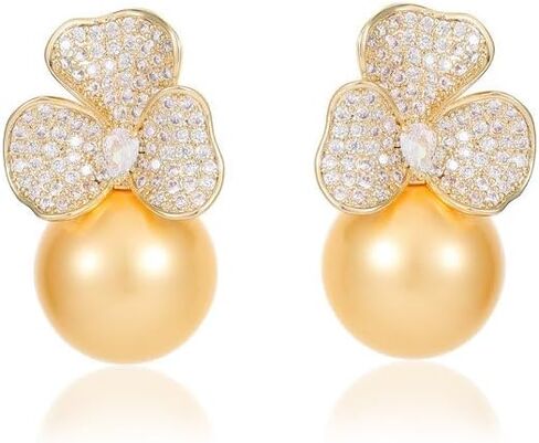 14K Gold Moissanite Flower Pearl Earrings, Vintage Micro Pave CZ Stud Earrings for Women Wedding Anniversary, Elegant Delicate Jewelry for Daily Casual Date Night Out in Saudi Arabia