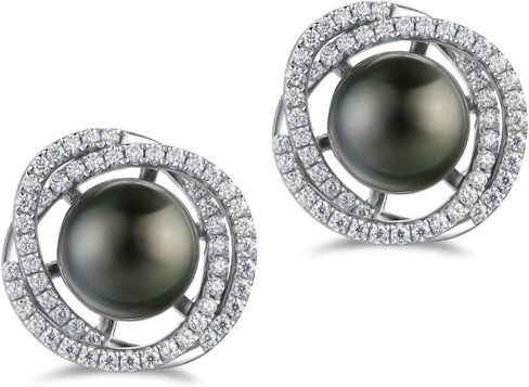 Lunar Belle Tahitian Black Pearl Marine Swirl Stud Earrings with Moissanite Halo in 925 Sterling Silver, Luxury Jewelry Gifts for Women (Marine Whirl Pearl) in Saudi Arabia