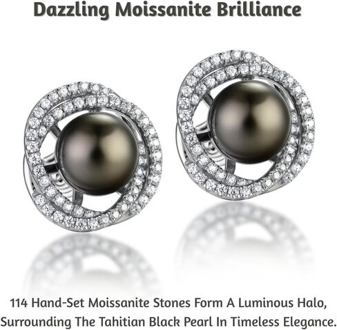 Lunar Belle Tahitian Black Pearl Marine Swirl Stud Earrings with Moissanite Halo in 925 Sterling Silver, Luxury Jewelry Gifts for Women (Marine Whirl Pearl) in Saudi Arabia