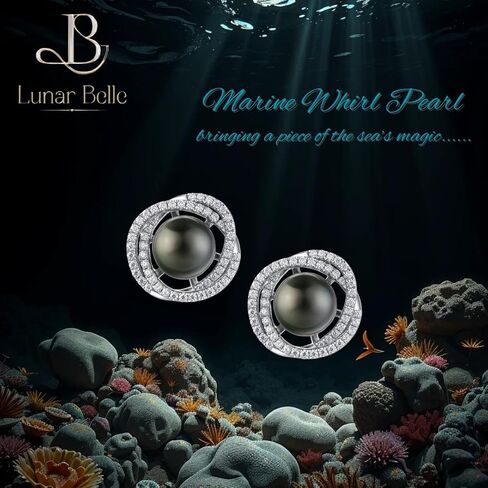 Lunar Belle Tahitian Black Pearl Marine Swirl Stud Earrings with Moissanite Halo in 925 Sterling Silver, Luxury Jewelry Gifts for Women (Marine Whirl Pearl) in Saudi Arabia