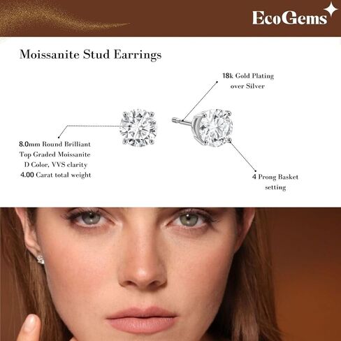 EcoGems 18K Gold Moissanite Stud Earrings for Women, Round Cut, 1.00-6.00 CTTW, White or Yellow Gold, Prong or Bezel Setting, Luxury Gift for Her, Gift Box Included in Saudi Arabia