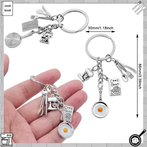8Pcs Cooking Keychain Alloy Kitchen Keyrings Fried Egg Pan Cook Book Tableware Food Mixer Charm Keychains for Women Men Gift or Chef Gift in Saudi Arabia