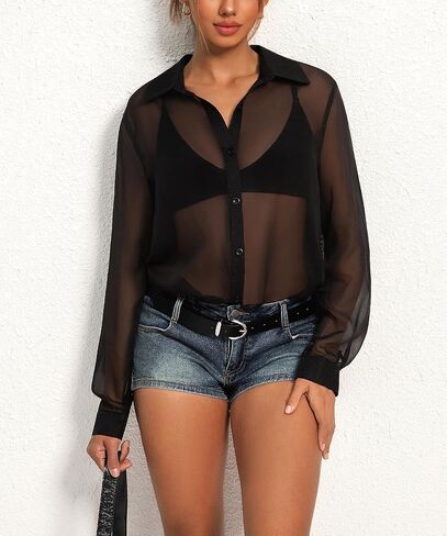 Womens Sheer Mesh Long Sleeve Tops See Through Oversized Button Down Shirts Blouse Going Out Tops in Saudi Arabia