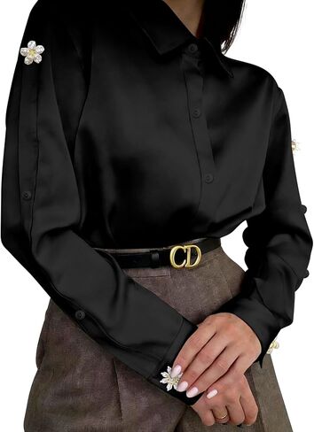 Women's Elegant Satin Blouse with Pearl Flower Embellishments, Long Sleeve Button Down Shirt for Office & Party in Saudi Arabia