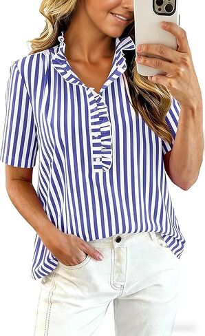 Womens Short Sleeve Tops Striped Plaid Button Down Shirts V Neck Ruffle Blouse Summer Casual Business Work Shirts in Saudi Arabia