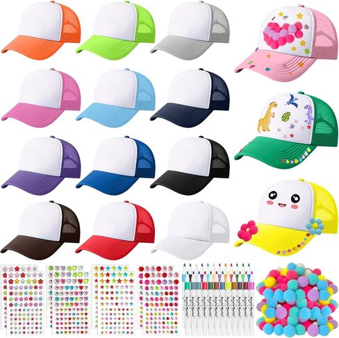 327 Pcs DIY Trucker Hat Kit with 15 Sublimation Trucker Caps Blank Baseball Caps with Rhinestone Stickers Multicolor Pom Poms Markers for Family Bond Birthday Party Crafts Art Summer Camp in Saudi Arabia