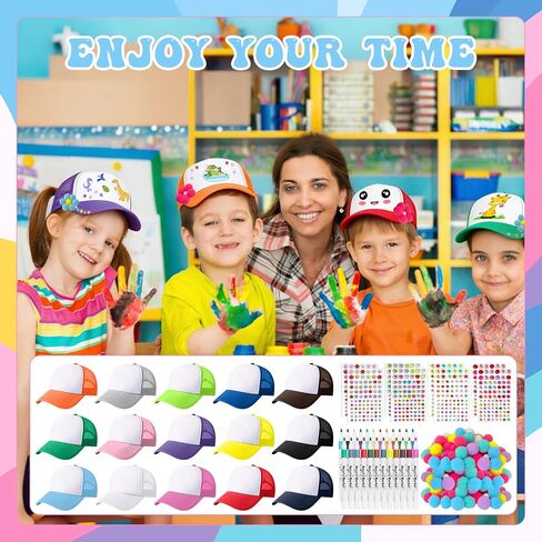 327 Pcs DIY Trucker Hat Kit with 15 Sublimation Trucker Caps Blank Baseball Caps with Rhinestone Stickers Multicolor Pom Poms Markers for Family Bond Birthday Party Crafts Art Summer Camp in Saudi Arabia