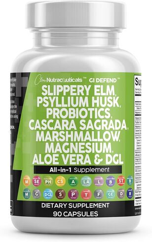 Slippery Elm 5000 ملغ من قشر سيلليوم 2000 ملغ من البروبيوتيك، مكمل صحي للأمعاء الهضمية مع الألوة فيرا، كاسكارا ساغرادا، 2000 ملغ من جذر الخطمي DGL، عرق السوس، مستخلص السينا، المغنيسيوم - صنع في الولايات المتحدة الأمريكية، 90 قيراط in Kuwait