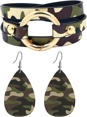 3 Piece Camo Earrings for Women Camouflage Bracelet Wrap Set Black Green Cheetah Print Jewelry Men Aesthetic Accessories in Saudi Arabia