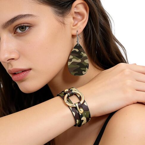 3 Piece Camo Earrings for Women Camouflage Bracelet Wrap Set Black Green Cheetah Print Jewelry Men Aesthetic Accessories in Saudi Arabia