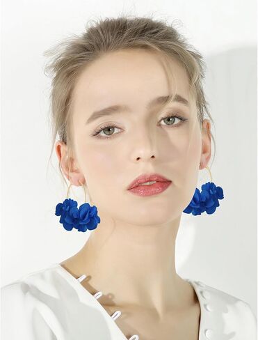 Handmade Boho Fabric Flower Large Hoop Earrings Unique Lightweight Camellia Flower Floral Dangle Drop Earrings For Women in Saudi Arabia