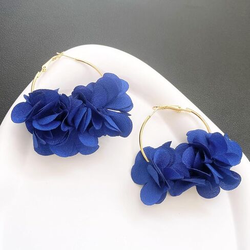 Handmade Boho Fabric Flower Large Hoop Earrings Unique Lightweight Camellia Flower Floral Dangle Drop Earrings For Women in Saudi Arabia