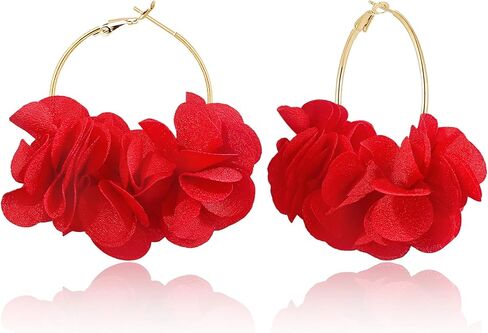 Handmade Boho Fabric Flower Large Hoop Earrings Unique Lightweight Camellia Flower Floral Dangle Drop Earrings For Women in Saudi Arabia
