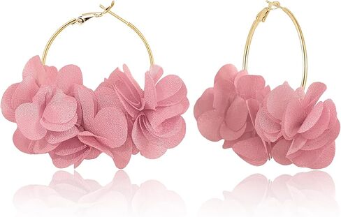 Handmade Boho Fabric Flower Large Hoop Earrings Unique Lightweight Camellia Flower Floral Dangle Drop Earrings For Women in Saudi Arabia