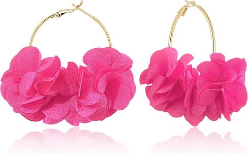 Handmade Boho Fabric Flower Large Hoop Earrings Unique Lightweight Camellia Flower Floral Dangle Drop Earrings For Women in Saudi Arabia