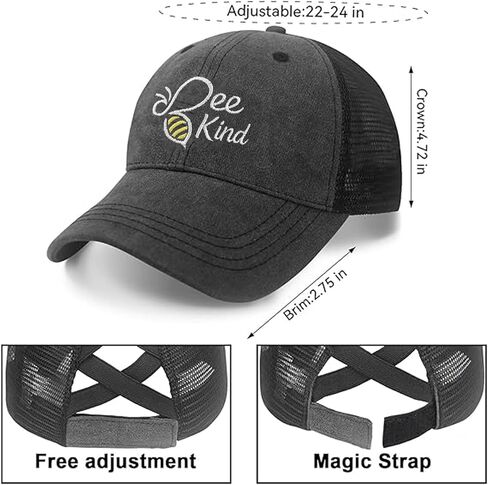 Ponytail Hat Cute and Funny Bee Hat for Women, Embroidered Bumble Bee Gifts for Mom Daugther Friends, Wacky and Happy Baseball Cap Grey in Saudi Arabia