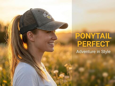 Ponytail Hat Cute and Funny Bee Hat for Women, Embroidered Bumble Bee Gifts for Mom Daugther Friends, Wacky and Happy Baseball Cap Grey in Saudi Arabia