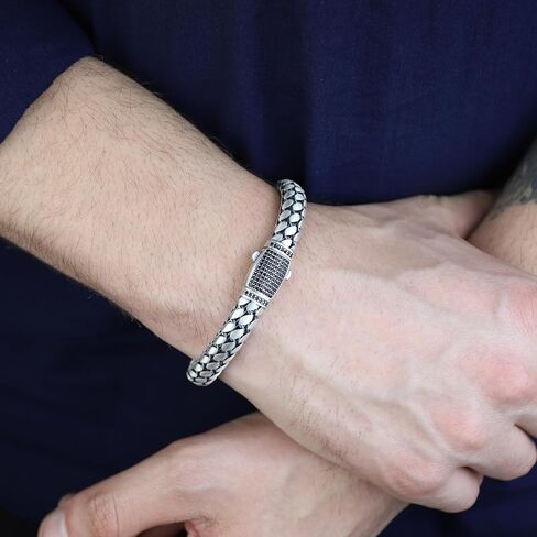 925 Silver 8MM Popcorn Chain Bracelet, Onyx Stone Box Lock Curb Chain Bracelet, Elegant Men Chain Bracelet, Solid Silver Chain, Gift For Men in Kuwait