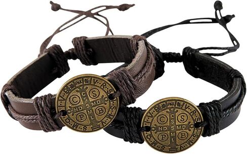 Needzo Leather Saint Benedict Bracelets, Black and Brown Jewelry Accessories, Catholic Jewelry Gift for Men, 8 Inches Adjustable (Set of 2) in Saudi Arabia
