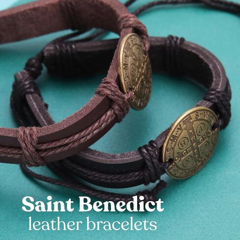 Needzo Leather Saint Benedict Bracelets, Black and Brown Jewelry Accessories, Catholic Jewelry Gift for Men, 8 Inches Adjustable (Set of 2) in Saudi Arabia