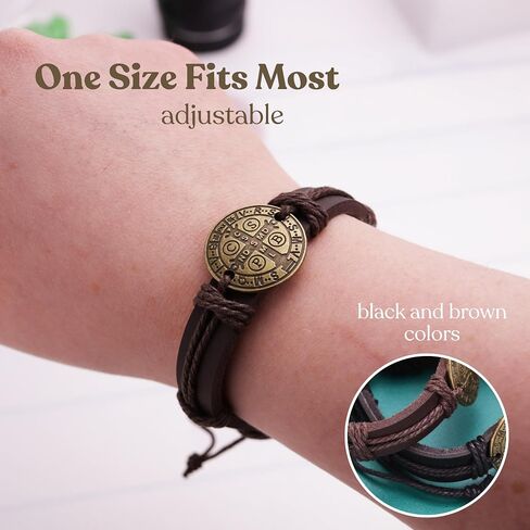 Needzo Leather Saint Benedict Bracelets, Black and Brown Jewelry Accessories, Catholic Jewelry Gift for Men, 8 Inches Adjustable (Set of 2) in Saudi Arabia