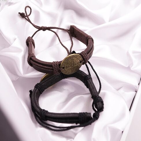 Needzo Leather Saint Benedict Bracelets, Black and Brown Jewelry Accessories, Catholic Jewelry Gift for Men, 8 Inches Adjustable (Set of 2) in Saudi Arabia