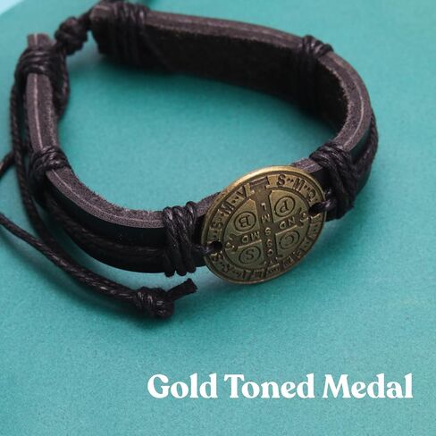 Needzo Leather Saint Benedict Bracelets, Black and Brown Jewelry Accessories, Catholic Jewelry Gift for Men, 8 Inches Adjustable (Set of 2) in Saudi Arabia