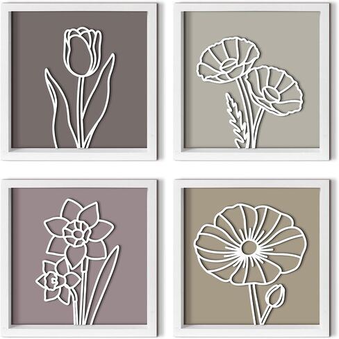 Pigort Wooden Floral Farmhouse Wall Decor – Set of 4 White Framed Wall Art, 7.3x7.3 Inches, Premium Boho Botanical Decor for Living Room, Bedroom, or Office (A) in Saudi Arabia