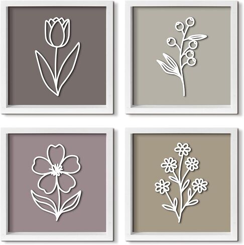 Pigort Wooden Floral Farmhouse Wall Decor – Set of 4 White Framed Wall Art, 7.3x7.3 Inches, Premium Boho Botanical Decor for Living Room, Bedroom, or Office (A) in Saudi Arabia