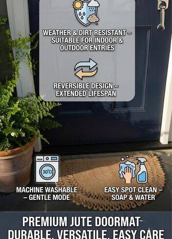 Jute Semi Circle Doormat – Half Moon Braided Front Door Mat, Non Shedding & Washable, Non Slip Backing, Waterproof Indoor Outdoor Entryway Rug for Porch, RV, Camper & Boat in Saudi Arabia
