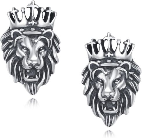 Lion Earrings 18k White Gold Plated Lion Head Stud Earrings Animal Jewelry Gift For Men Women Male Female in Saudi Arabia