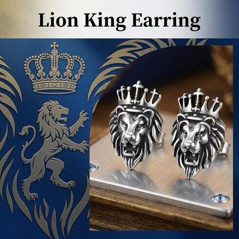 Lion Earrings 18k White Gold Plated Lion Head Stud Earrings Animal Jewelry Gift For Men Women Male Female in Saudi Arabia
