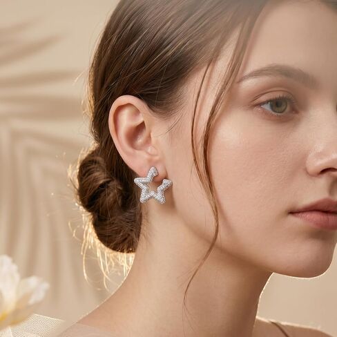 14K White Gold Plated Cubic Zirconia Halo Stud Earrings for Women Silver Post Hypoallergenic Statement Earrings with Twisted Double Halo CZ Simulated Diamond Studs for Sensitive Ears in Kuwait