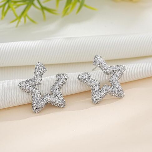 14K White Gold Plated Cubic Zirconia Halo Stud Earrings for Women Silver Post Hypoallergenic Statement Earrings with Twisted Double Halo CZ Simulated Diamond Studs for Sensitive Ears in Kuwait