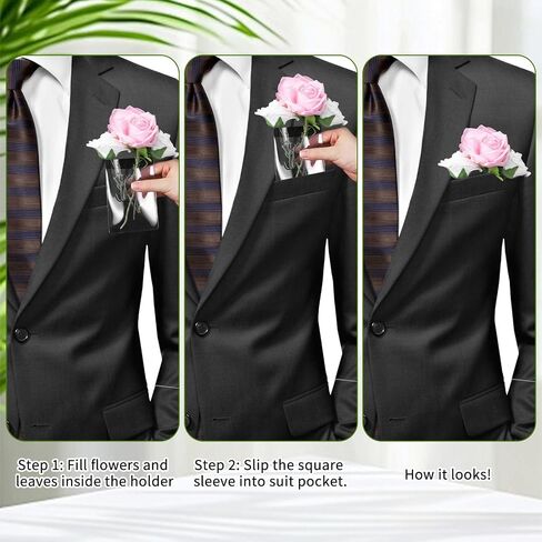 Wedding Boutonniere Holder 20 Pack, No-Sew Plastic Square Flower Sleeves for Groom & Groomsmen, Horizontal Pocket Flower Vials for Suit Jacket Chest Pocket, Prom, Homecoming (NO Flowers) in Saudi Arabia
