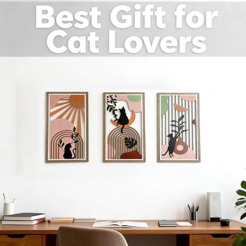 Boho Black Cat Wall Art for Living Room - 3Pcs Cat & Sun Wood Wall Decor, Minimalist Geometric Black Cat Design, Rustic Bohemian Hanging Art for Women, Homeowners, Renters, Bedroom, Bathroom, Office, Housewarming Gift for Cat Lovers in Saudi Arabia