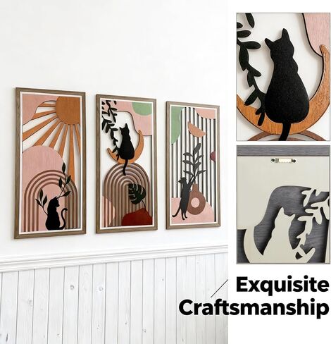 Boho Black Cat Wall Art for Living Room - 3Pcs Cat & Sun Wood Wall Decor, Minimalist Geometric Black Cat Design, Rustic Bohemian Hanging Art for Women, Homeowners, Renters, Bedroom, Bathroom, Office, Housewarming Gift for Cat Lovers in Saudi Arabia