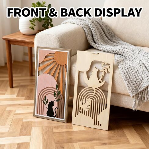 Boho Black Cat Wall Art for Living Room - 3Pcs Cat & Sun Wood Wall Decor, Minimalist Geometric Black Cat Design, Rustic Bohemian Hanging Art for Women, Homeowners, Renters, Bedroom, Bathroom, Office, Housewarming Gift for Cat Lovers in Saudi Arabia