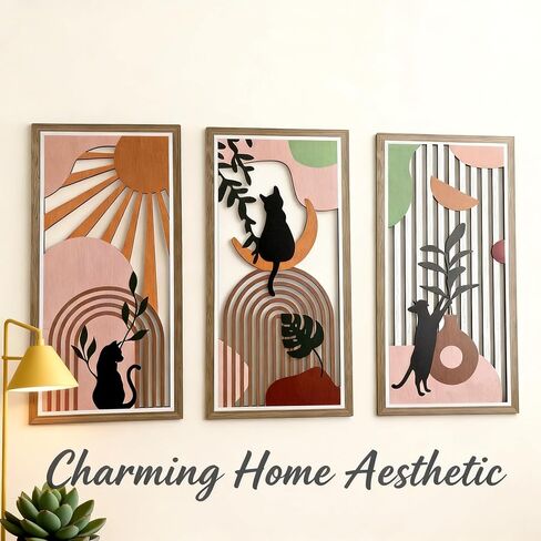 Boho Black Cat Wall Art for Living Room - 3Pcs Cat & Sun Wood Wall Decor, Minimalist Geometric Black Cat Design, Rustic Bohemian Hanging Art for Women, Homeowners, Renters, Bedroom, Bathroom, Office, Housewarming Gift for Cat Lovers in Saudi Arabia